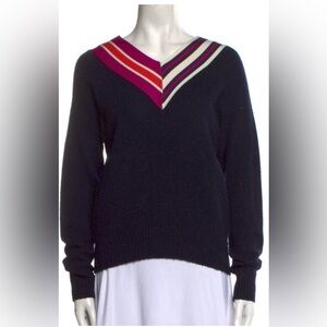 Sandro Women's Navy Blue Sweater with Multicolor Chevron Design